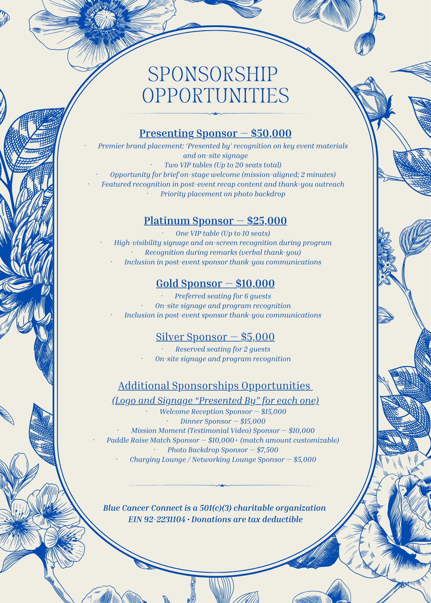 2026 Evening of Purpose Sponsorship Opportunities List Image